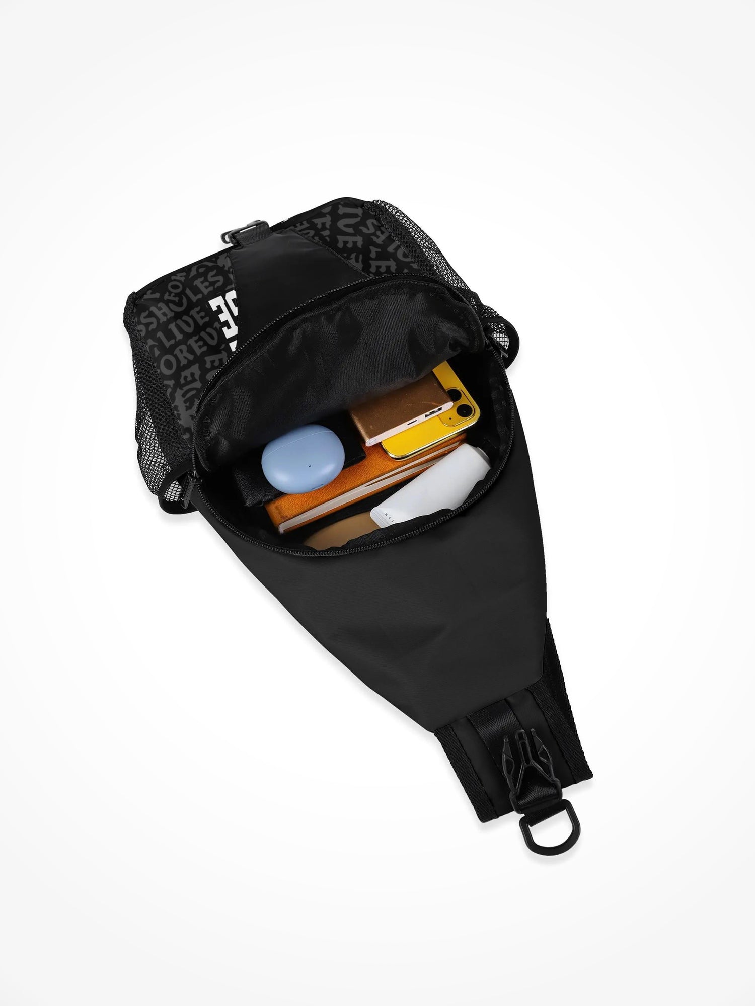 All-Over-Print Chest Crossbody Bag - Emotional Baggage Black Sticker Logo