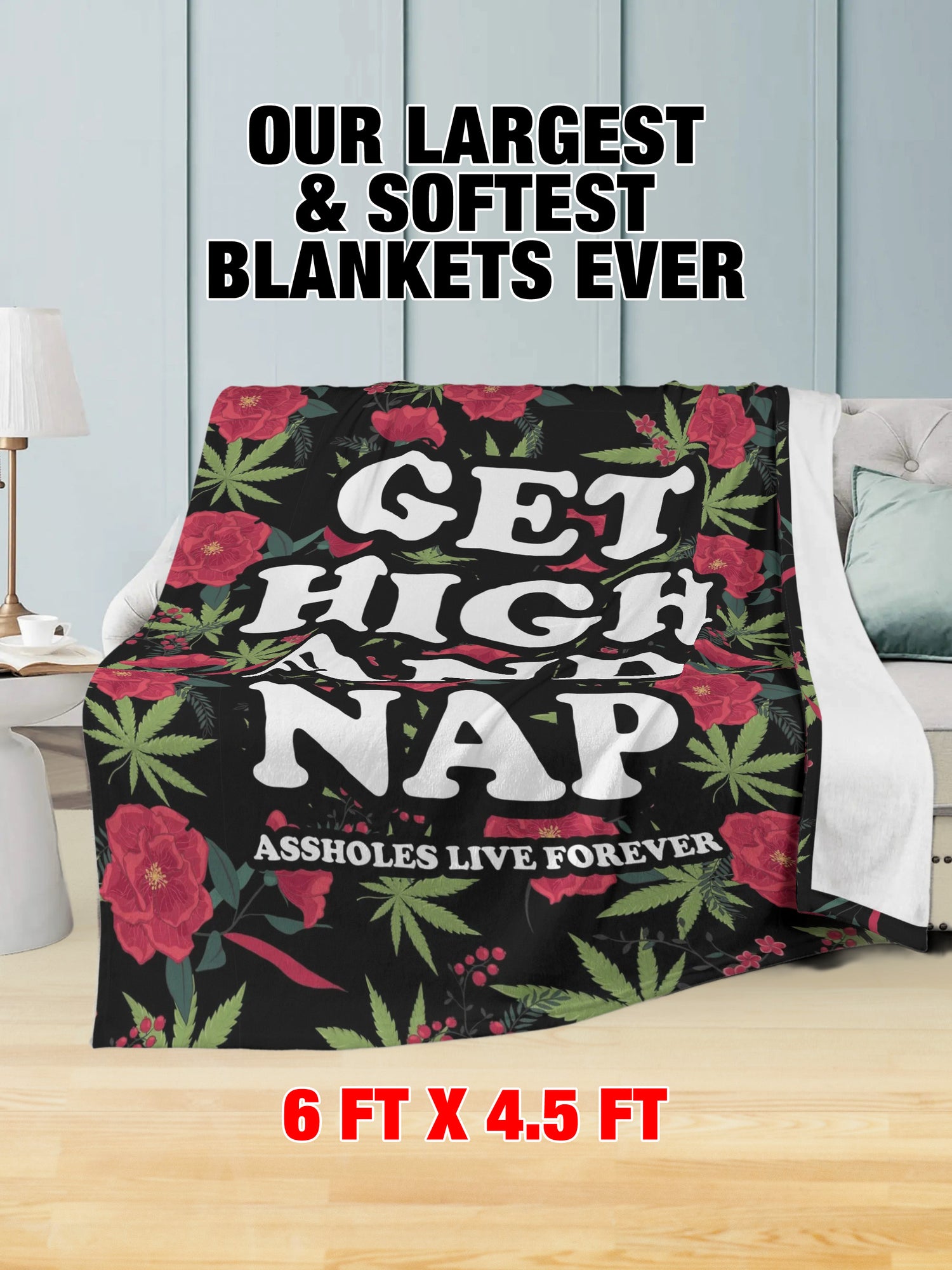 Fleece Blanket - GET HIGH AND NAP RED FLOWERS
