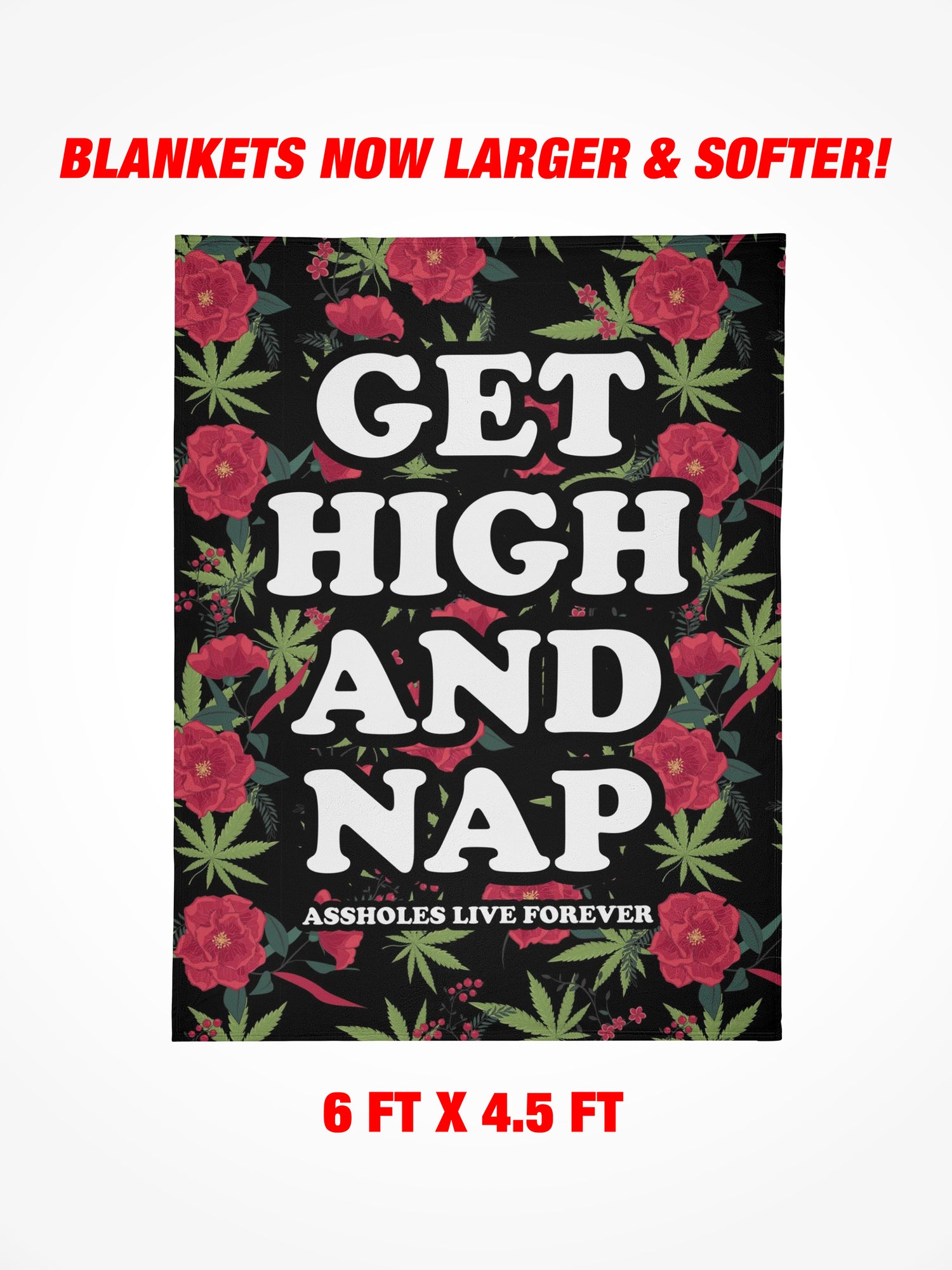 Fleece Blanket - GET HIGH AND NAP RED FLOWERS