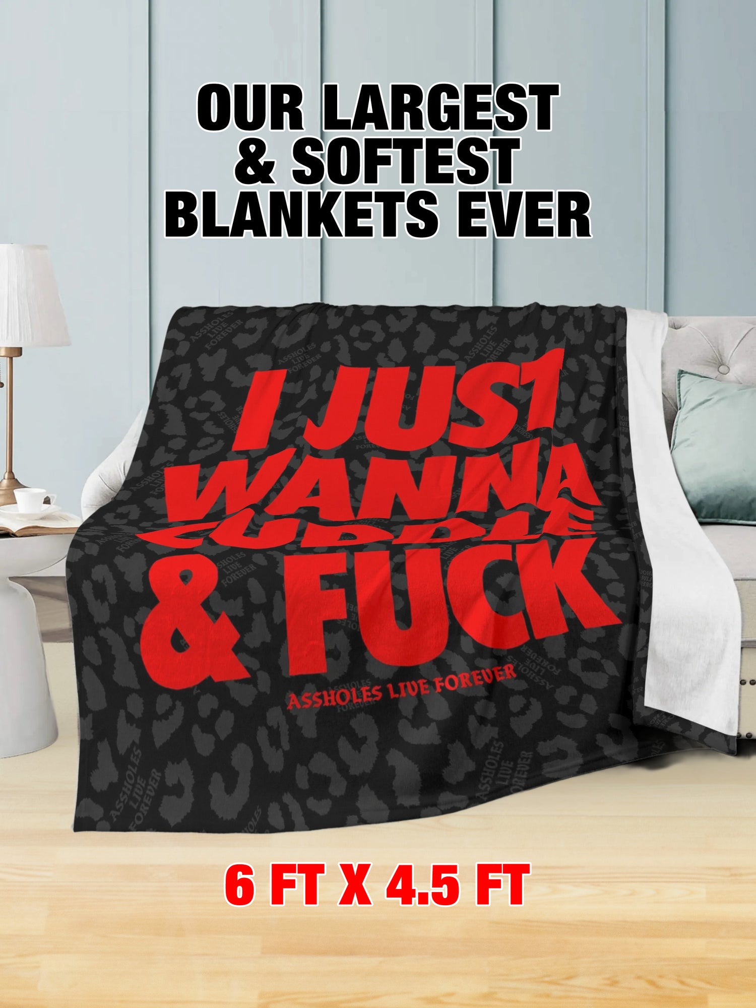 Fleece Blanket - I JUST WANNA CUDDLE & FUCK RED BLACK LEOPARD