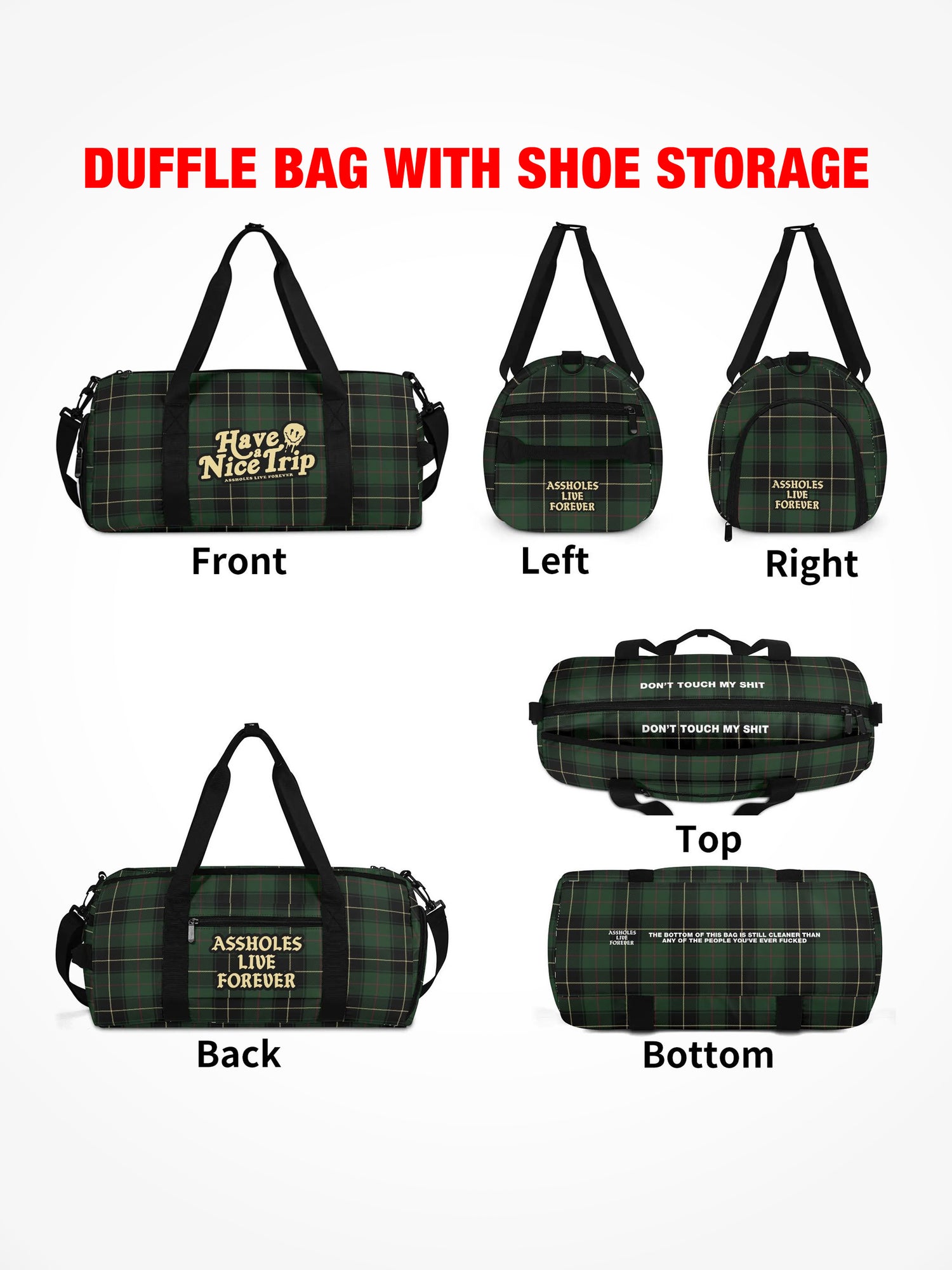 Duffle Bag - HAVE A NICE TRIP - Green Plaid