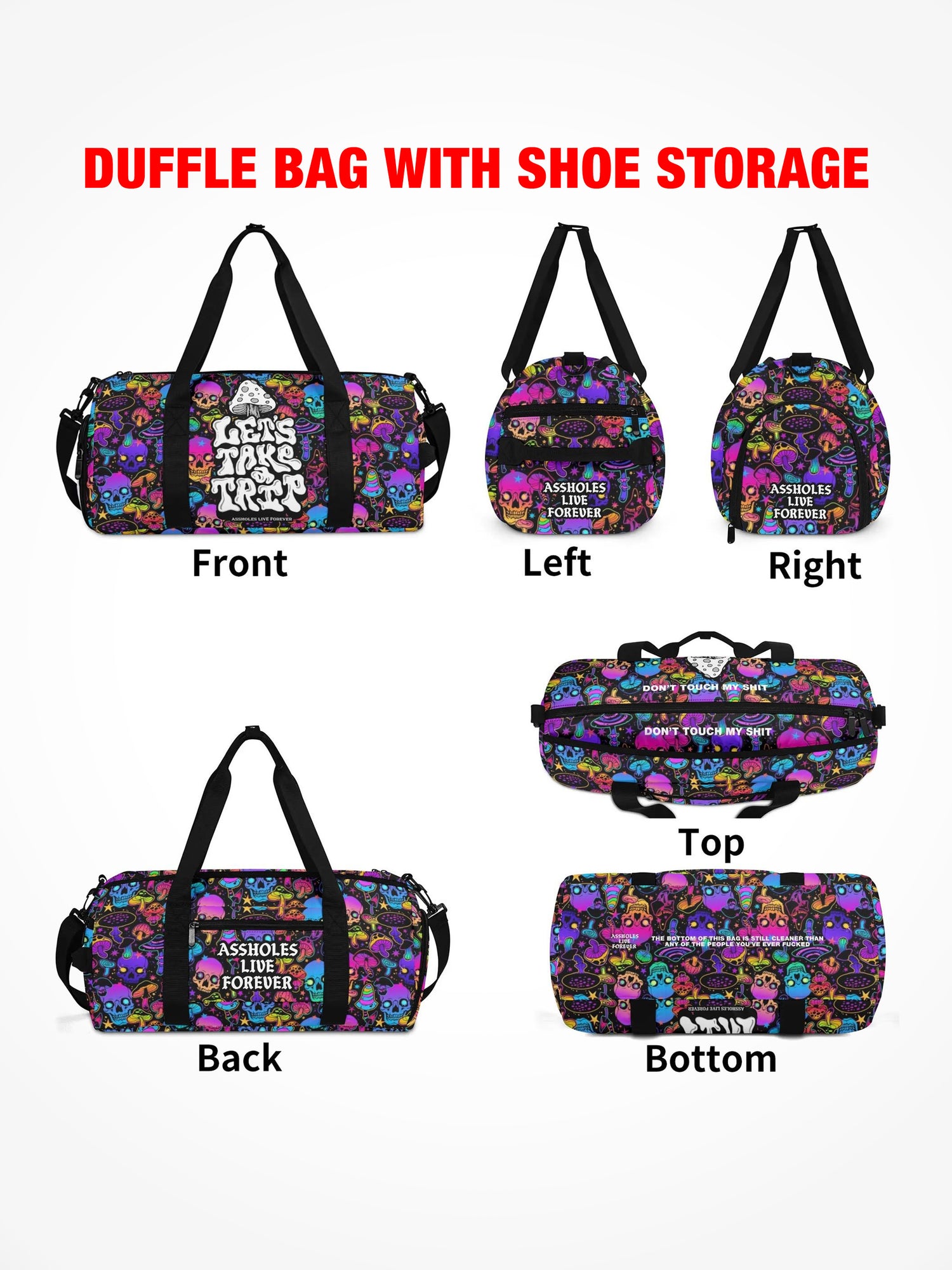 Duffle Bag - LETS TAKE A TRIP -  Neon Skull Fungi