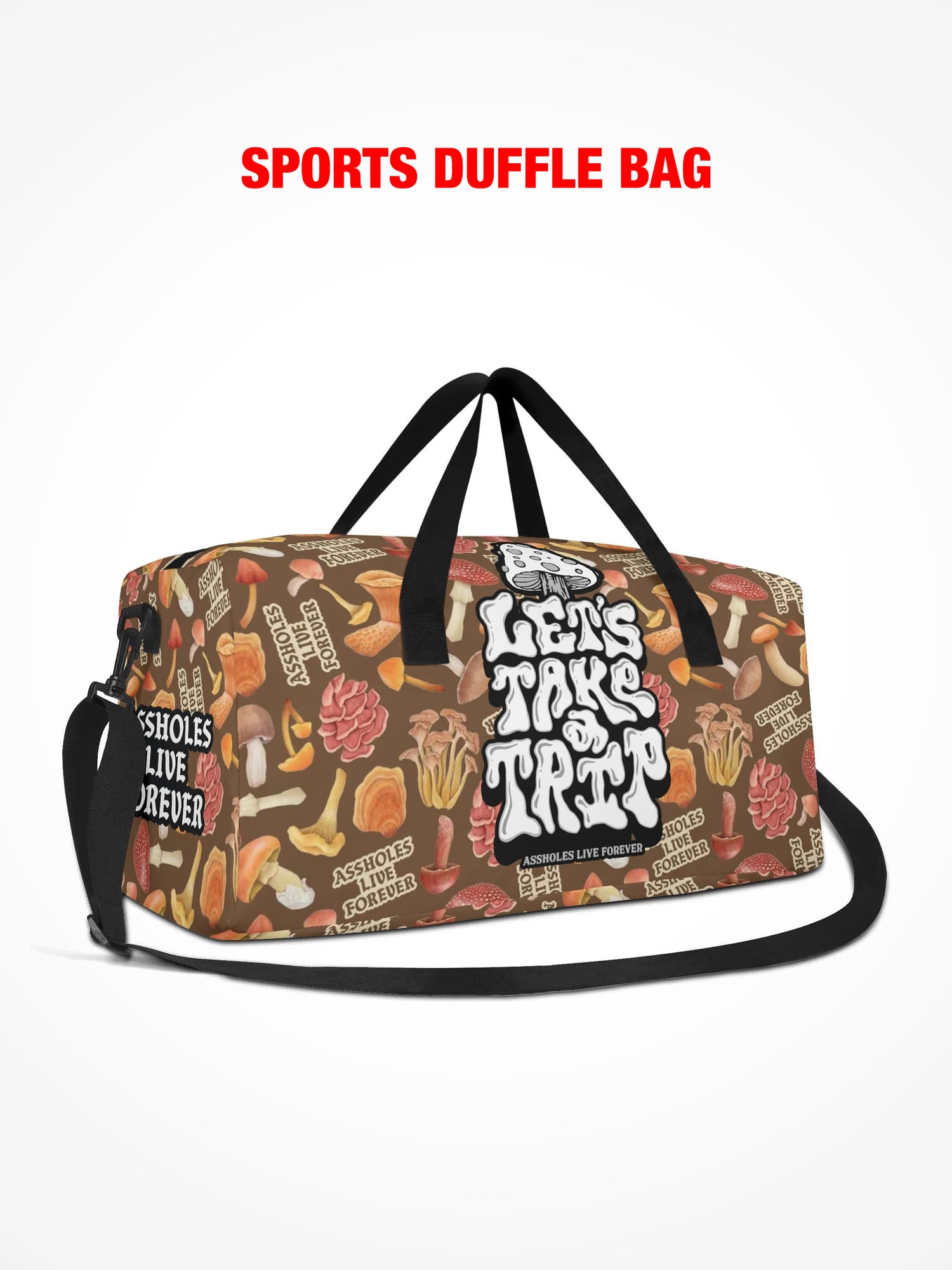 Sports Duffle Bag - Lets Take a Trip - Mushroom Collage
