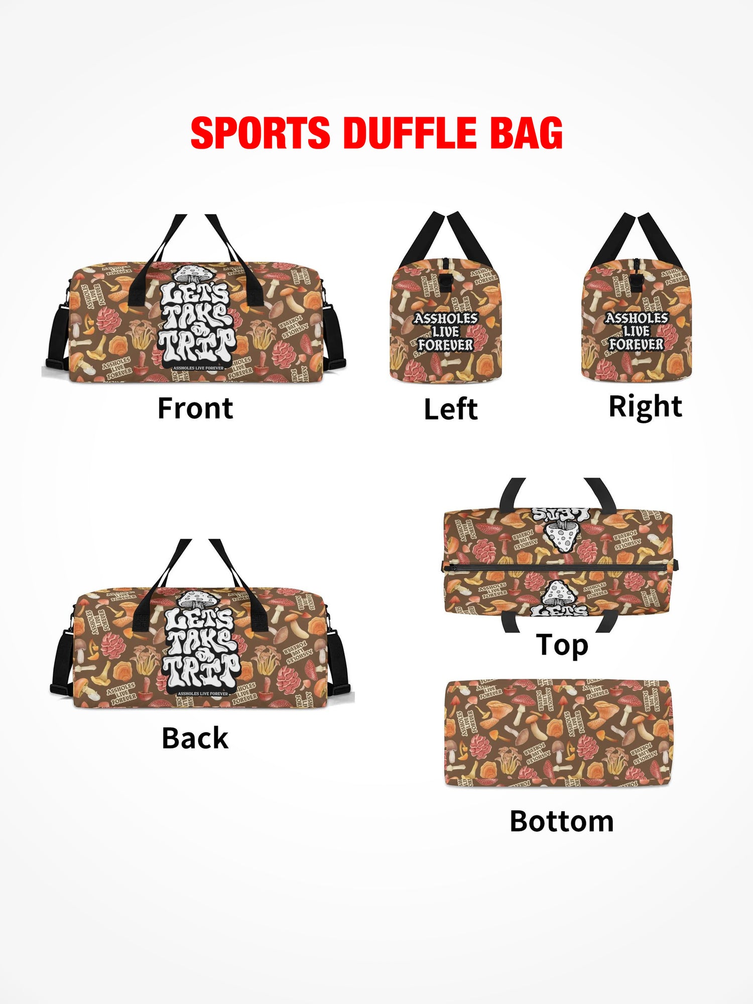 Sports Duffle Bag - Lets Take a Trip - Mushroom Collage