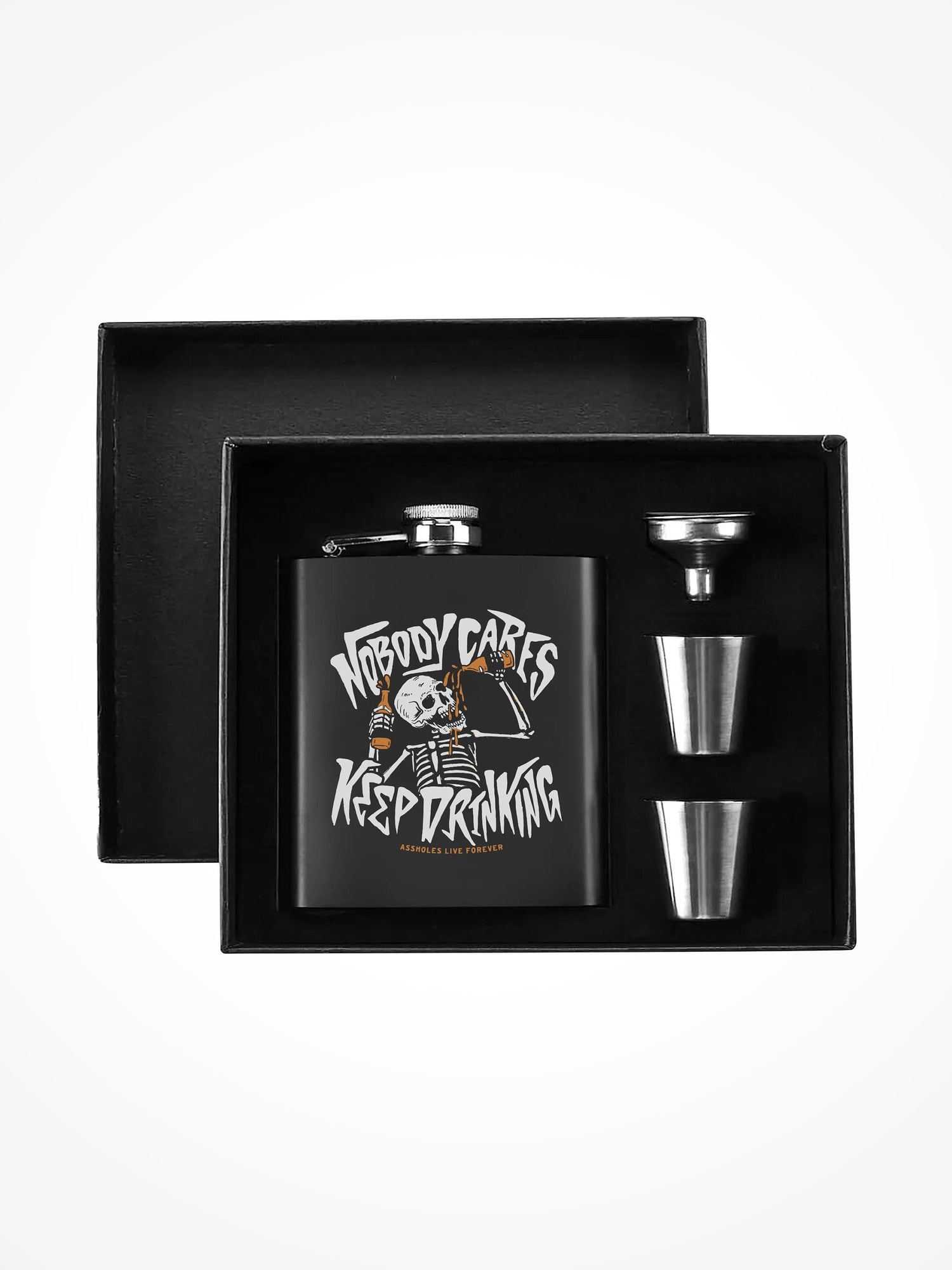 Flask Box Set - NOBODY CARES KEEP DRINKING SKELETON