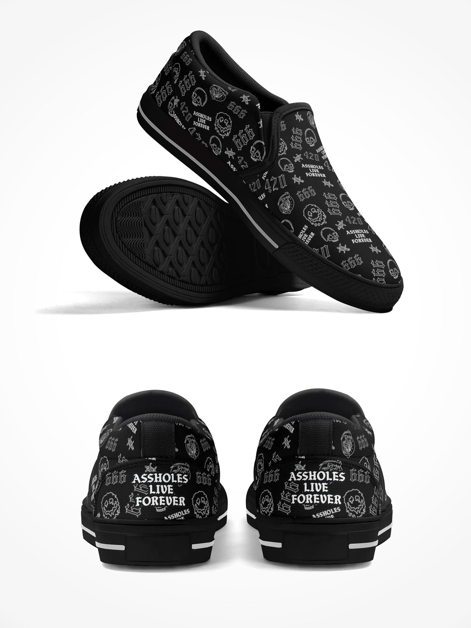 Mens Rubber Slip On Shoes - ALF 666 Skull Pattern Black Sole