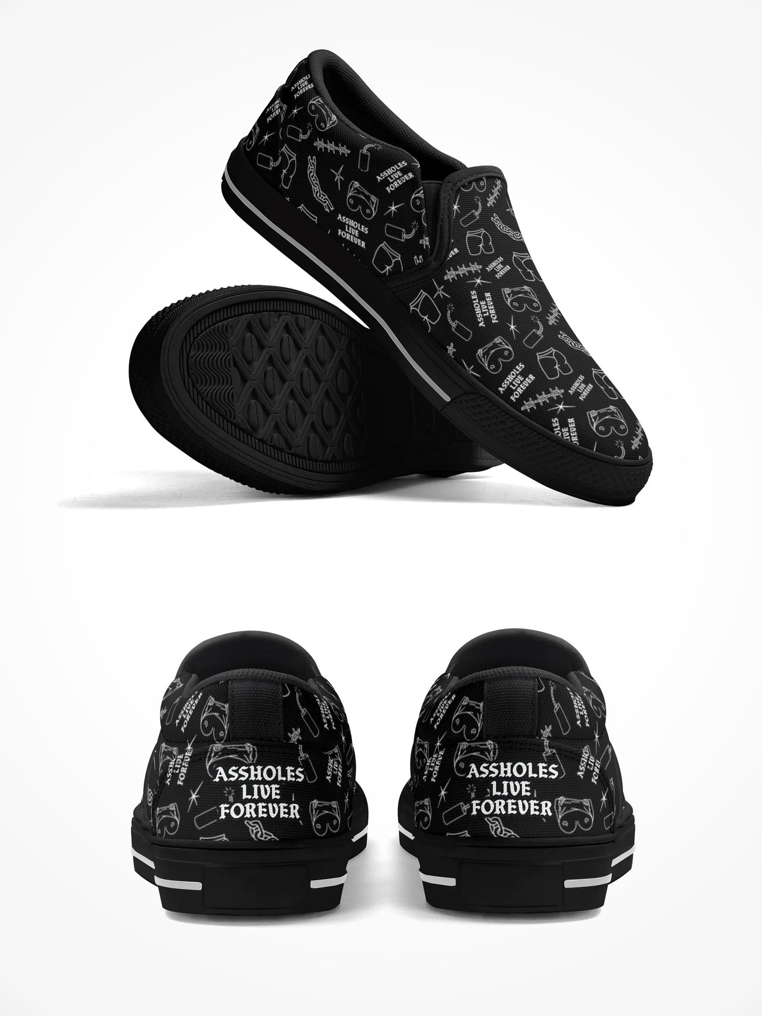 Mens Rubber Slip On Shoes - ALF Boobs And Butts Pattern Black Sole