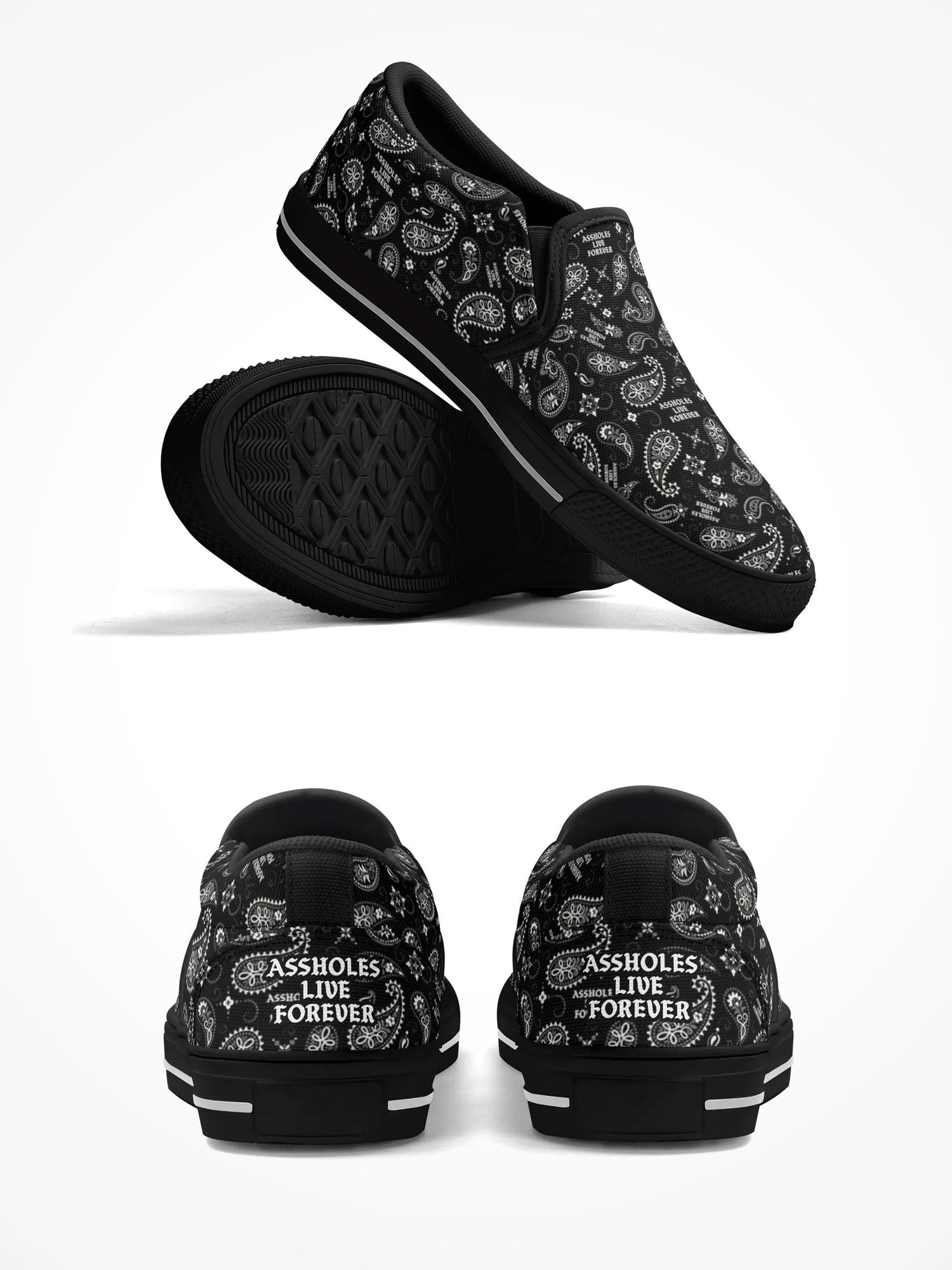 Mens Rubber Slip On Shoes - ALF Paisley Pattern Black Sole